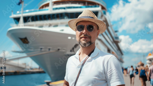 Man tourist standing in front of big cruise liner. 