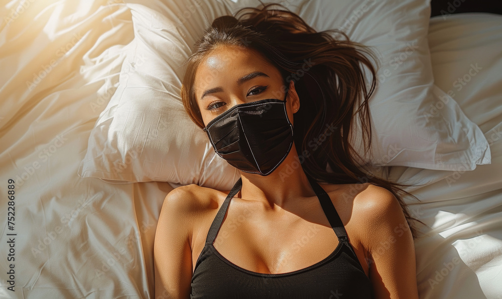 Naklejka premium Asian woman in mask on bed