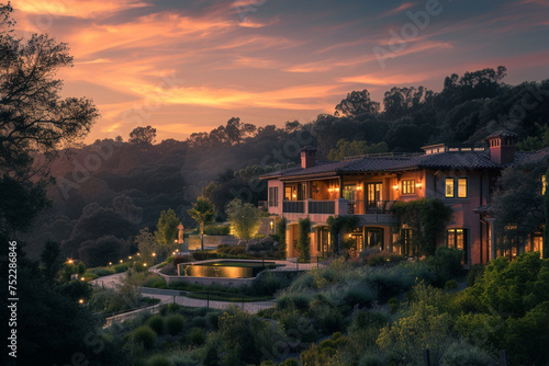 A luxurious estate with high-end outdoor lighting, nestled in a wooded area, under the soft light of a rose gold sunset