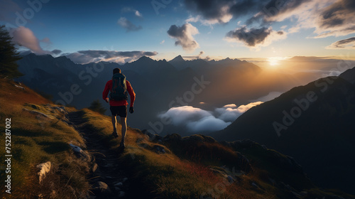 Man hiking at sunset mountains with heavy backpack Travel Lifestyle wanderlust adventure concept summer vacations outdoor alone into the wild © AK528