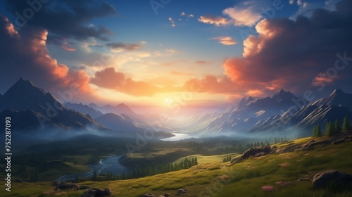 Mountains during sunset. Beautiful natural landscape in the spring time. Scenic image of mountains during sunset. Amazing nature scenery. travel, adventure, concept image. Stunning natural background. © AK528