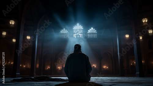 Muslim man praying in the mosque. Religious muslim man praying inside the mosque. muslim man praying Allah alone inside the mosque and reading islamic holly book