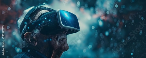 Elderly man in VR headset gasps in awe immersed in galactic exploration. Concept Virtual Reality  Elderly man  Galactic Exploration  Immersed Experience  Gasping in Awe
