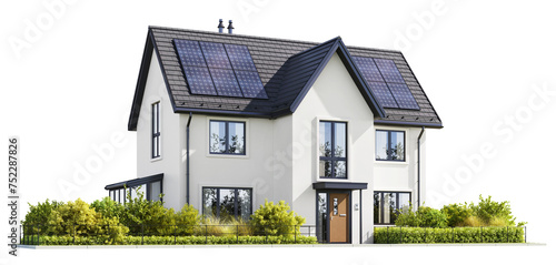 Modern house with solar panels on a transparent background