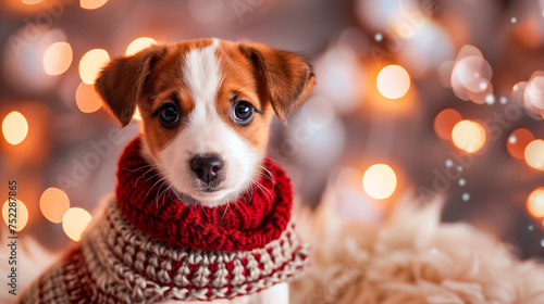 A puppy in a cozy sweater, Christmas joy in the eyes of a puppy. © Imaging L