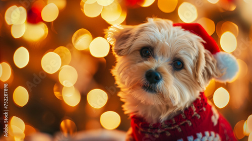 A puppy in a cozy sweater, Christmas joy in the eyes of a puppy.