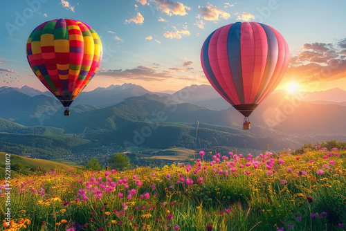 Two vibrant hot air balloons gracefully float above a colorful field of blooming flowers, creating a stunning and enchanting sight