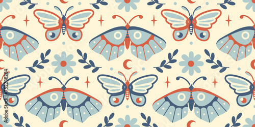 Boho style vector seamless wallpaper. Vintage background with moth and butterfly. Light spring garden aesthetic. Muted Limited palette seamless graphic for fabric, all over design