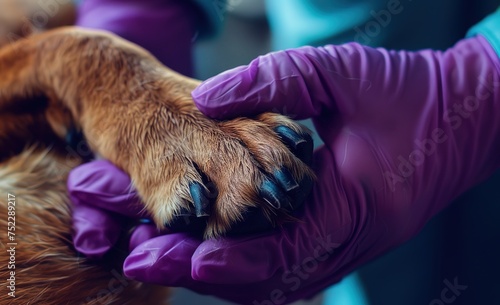 Tender moment of caring: human hands in purple gloves hold a dog's paw, symbolizing veterinary care and animal protection