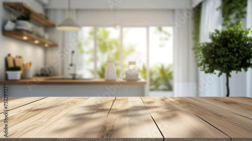 Empty wooden tabletop podium and blurred background window kitchen interior