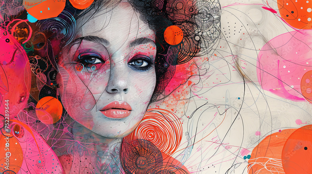 A mesmerizing painting featuring a womans face captured within a series ...