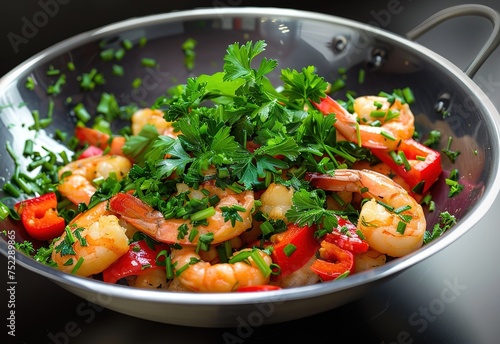 Delicious fried shrimp with fresh herbs