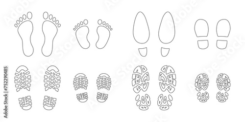 Human step footprints vector isolated set on white background. Female, male and children's footprints of person in boots and barefoot. Human feet.