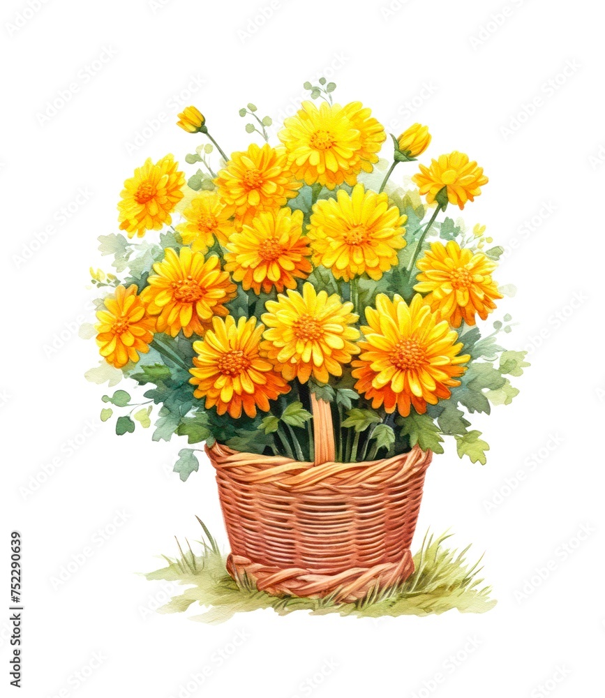 Watercolor illustration of a wicker basket with bouquet of yellow chrysanthemums isolated on white background.