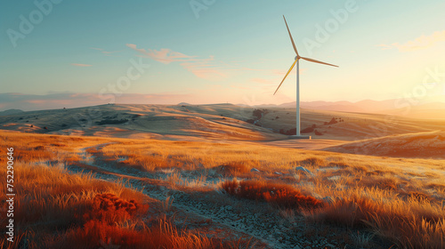 Wind turbine stands tall amidst a golden field, bathed in the warm light of a sunset.