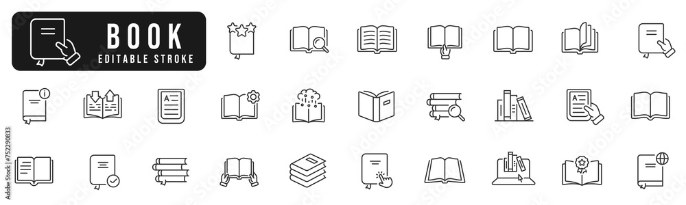 Book line icon set. Library, diary, open book, pages, bookmark, magazine, ebook etc. Editable stroke Book line icon set. Library, diary, open book, pages, bookmark, magazine, ebook etc. Editable stroke