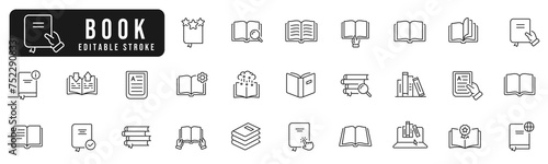 Book line icon set. Library, diary, open book, pages, bookmark, magazine, ebook etc. Editable stroke