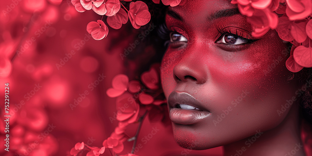 Face of a beautiful African American girl with art makeup on a red background with spring flowers, close-up. Banner, card for product presentation with place for text. Women's Day Face of a beautiful African American girl with art makeup on a red background with spring flowers, close-up. Banner, card for product presentation with place for text. Women's Day