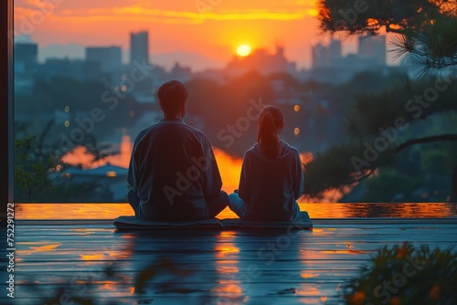 couple man and woman sitting together looking sunrise at horizon with cityscape and nature green area, Generative Ai © QuietWord