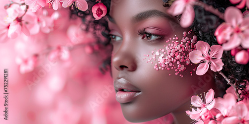 Portrait of a beautiful African American girl on a pink background with spring cherry blossoms. Banner  card for product presentation with place for text. Women s Day