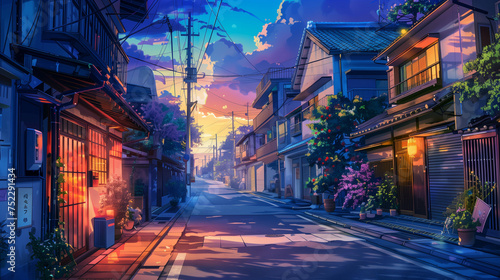 A beautiful japanese tokyo city town in the evening. houses at the street. anime comics artstyle. cozy lofi asian architecture