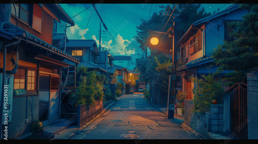 A beautiful japanese tokyo city town in the evening. houses at the street. anime comics artstyle. cozy lofi asian architecture