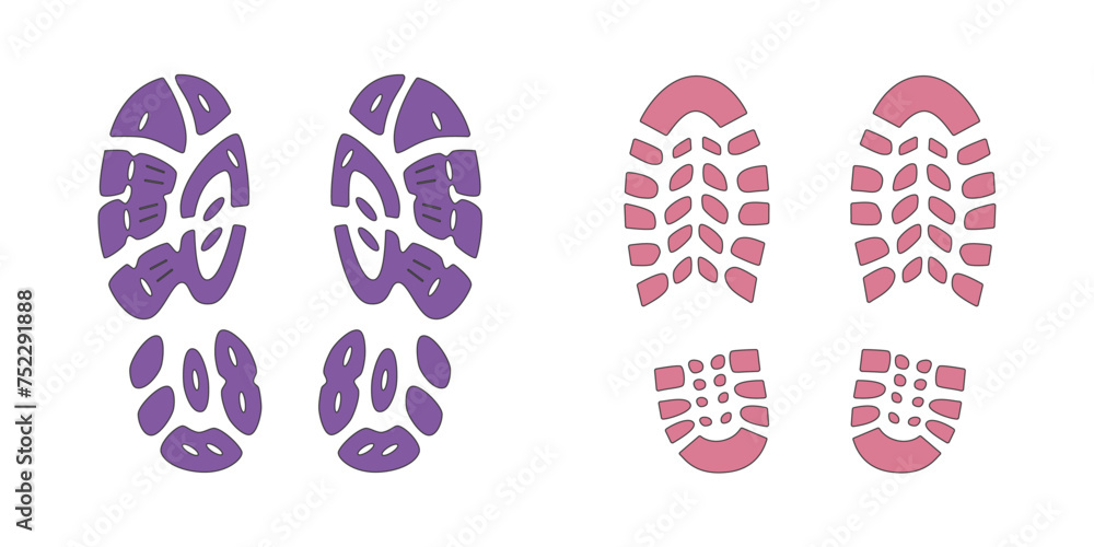 Human step footprints vector isolated set on white background. Foot prints of person in boots. Human feet. Human step footprints vector isolated set on white background. Foot prints of person in boots. Human feet.