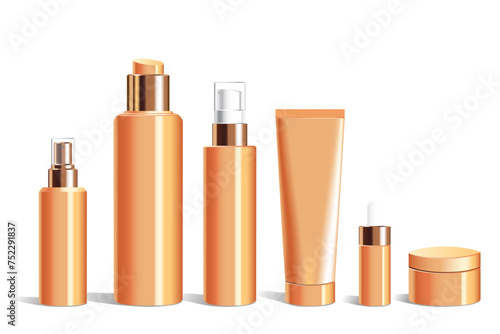 Realistic plastic  packaging for cosmetic product, with golden caps. Vector cosmetic mockup isolated on white background.