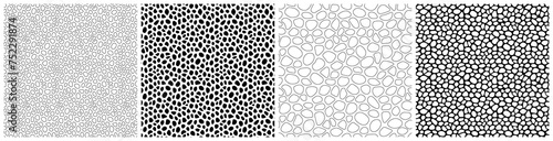 Black and white stones seamless patterns vector set. Irregular pebbles and rocks shapes repeated backdrop for web tiles, science and interior designs. line polygonal cells template background