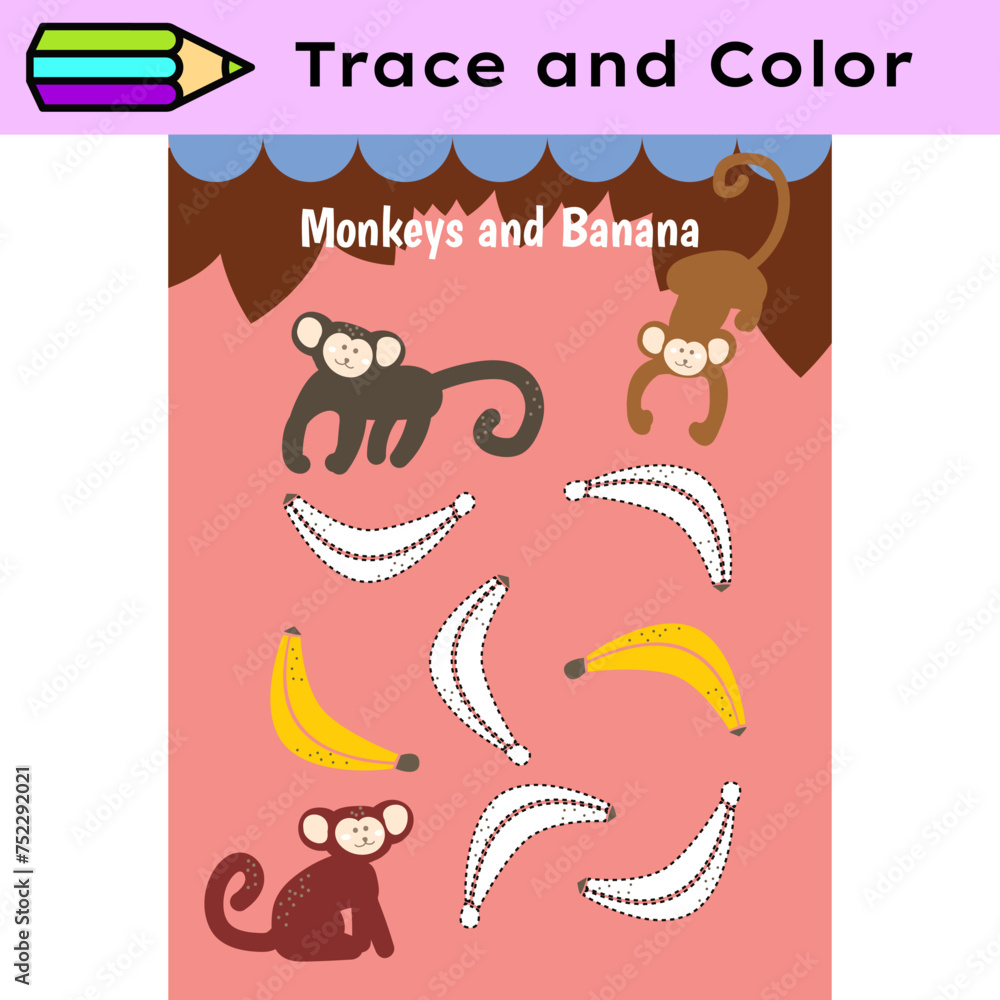 Fototapeta premium Pen tracing lines activity worksheet for children. Pencil control for kids practicing motoric skills. Monkeys educational printable worksheet. Vector illustration.