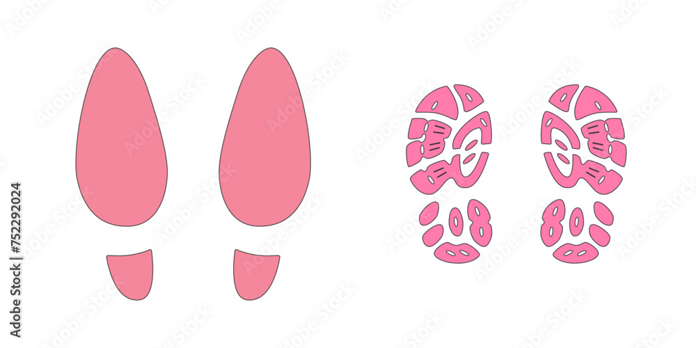 Human step footprints vector isolated set on white background. Female and children's footprints of person in boots. Human feet. Human step footprints vector isolated set on white background. Female and children's footprints of person in boots. Human feet.