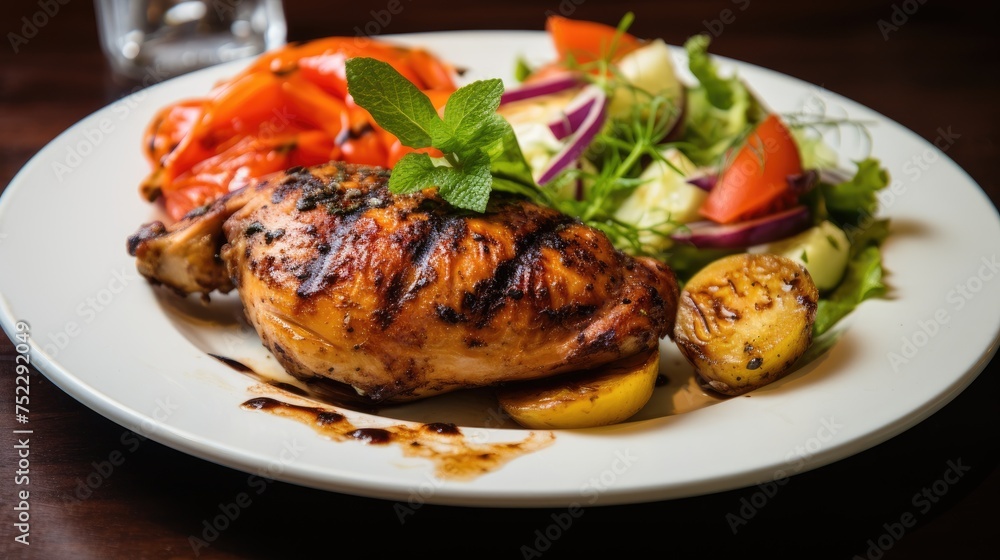 Closeup grilled chicken with vegetables on a white plate