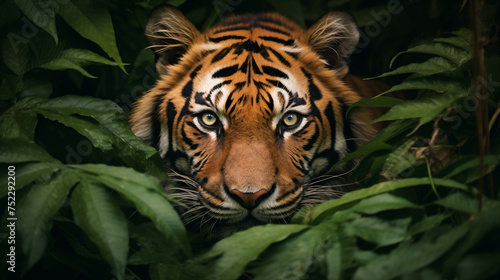 A tiger poking its head out of the overgrown forest, only its face visible. © Gun