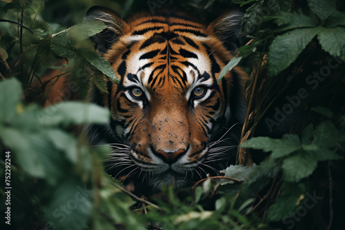 A tiger poking its head out of the overgrown forest, only its face visible. © Gun