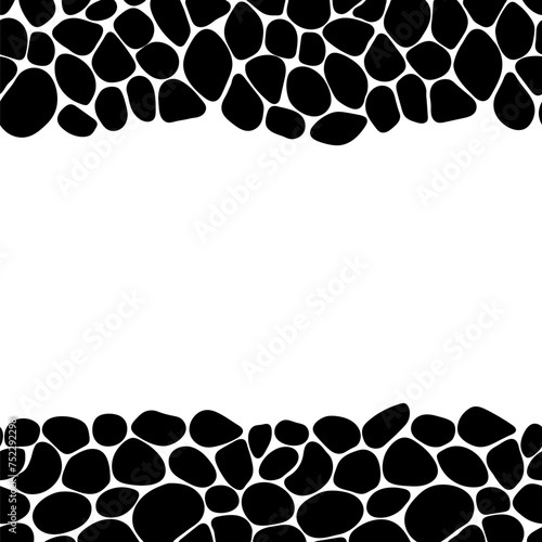 Stone seamless border frame vector illustration. Pebble template background. Black and white paving repeated card. Cobblestone wallpaper for interior designs, web game and wall fill textures