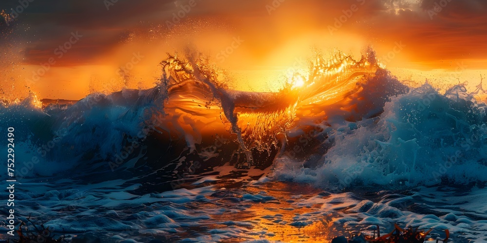 Powerful ocean wave hitting dark rocks during golden sunset on beach. Concept Beach Photography, Sunset Scenery, Ocean Waves, Dramatic Light, Rocky Shores