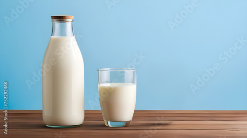 Glass of milk on blue background.