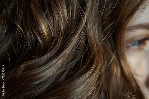 An intense close-up capturing a womans face with long flowing brown hair