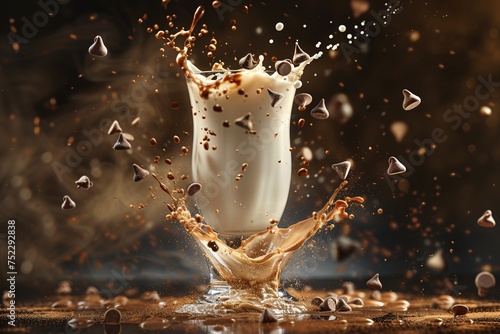 An energetic and vibrant image capturing a splash of milk with scattered chocolate pieces and droplets suspended in air