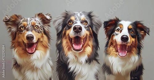 Expressions of Joy: Trio of Australian Shepherds with a Heartwarming Smile Generative AI
