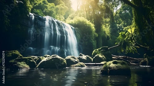 A Spectacular Display of Nature's Beauty, Cascading Waterfalls in a Lush Forest Landscape, Tranquil Waterfalls Amidst Greenery and Rocks, The Majestic Beauty of a Mountain Stream, Nature's ,waterfall