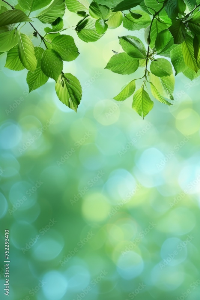 Naklejka premium Sunlight Filtering Through Fresh Green Leaves on a Serene Spring Morning