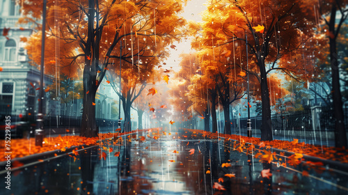 /imagineAutumn city rainy landscape, orange golden foliage, fall wallpaper