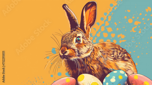 Ilustração vibrante de coelho em estilo pop art com ovo de Páscoa sobre fundo amarelo e azul. photo