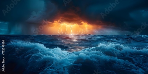 Fierce fireball and lightning storm illuminate turbulent blue ocean waves. Concept Nature Photography, Elemental Forces, Dramatic Landscapes, Stormy Seascape, Dynamic Lighting
