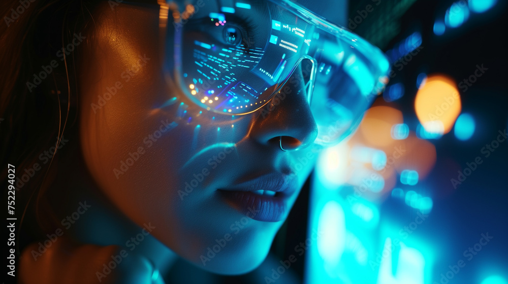 Neon metaverse futuristic concept. modern middle aged woman with charts reflecting in glasses in modern office. Neon metaverse futuristic concept. modern middle aged woman with charts reflecting in glasses in modern office.