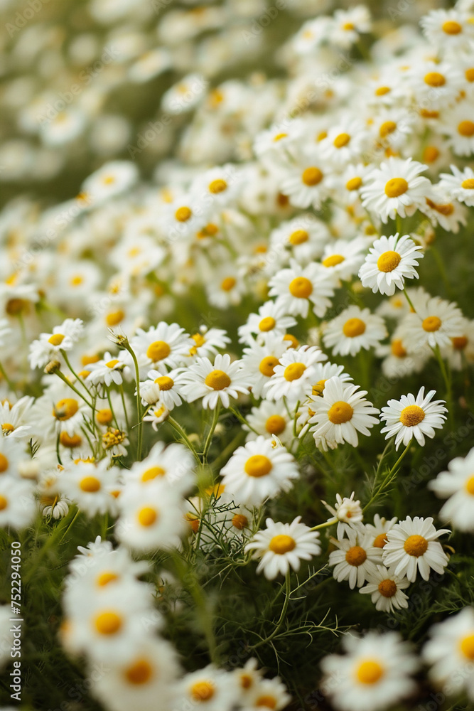 A field of chamomile flowers, with white petals and yellow centers, creates a serene and natural setting. Perfect for wellness themes and herbal product imagery A field of chamomile flowers, with white petals and yellow centers, creates a serene and natural setting. Perfect for wellness themes and herbal product imagery