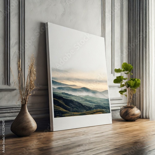 blank art canvas mockup on the laminate floor against a plain white wall