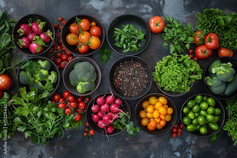 Overhead shot of diverse fresh vegetables organized in black bowls on a dark surface, emphasizing raw food and meal preparation Overhead shot of diverse fresh vegetables organized in black bowls on a dark surface, emphasizing raw food and meal preparation