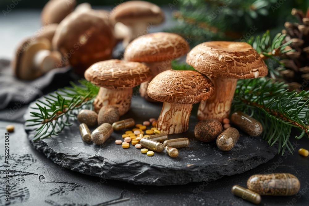 Shiitake mushrooms and herbal capsules on wooden surface Shiitake mushrooms and herbal capsules on wooden surface